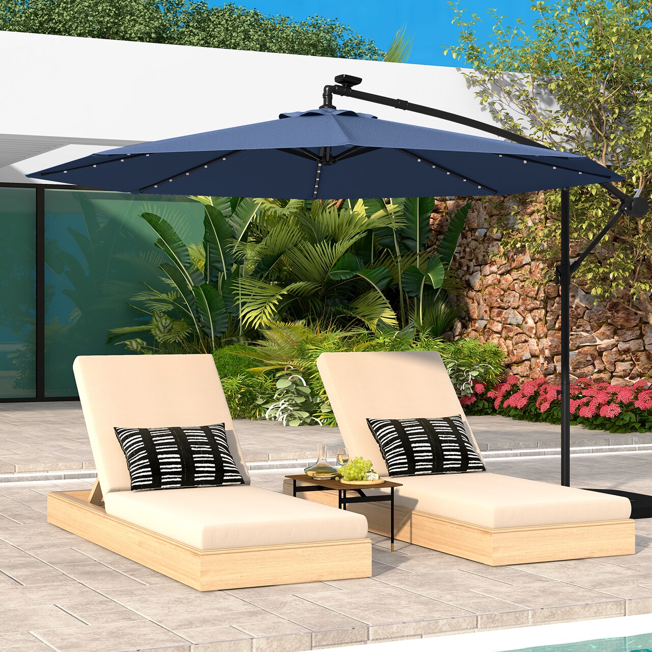 10 Foot Solar Hanging Umbrella with Adjustable Tilt and LED Lighting for Patio